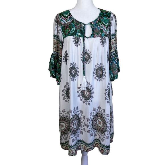 Umgee Sz M Boho Shift Mini Dress Bell Sleeves Tassel Tie Green Paisley Print - Picture 3 of 16